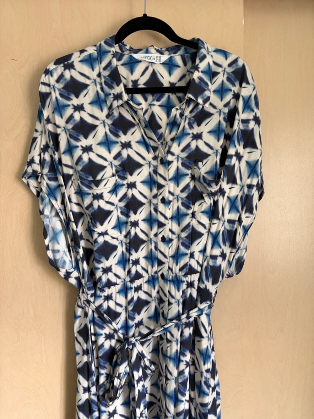 Blue and White Tie-Dye Midi Shirt Dress